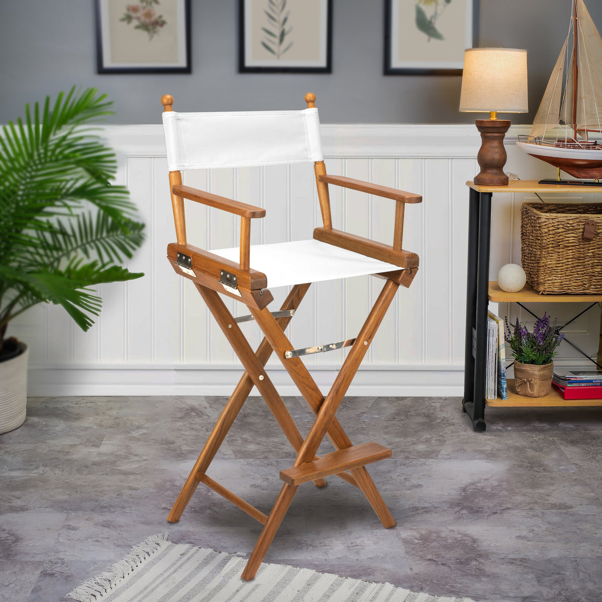 Premium Grade Teak Folding Captains Chair with White Sunbrella Fabric Seat Slings