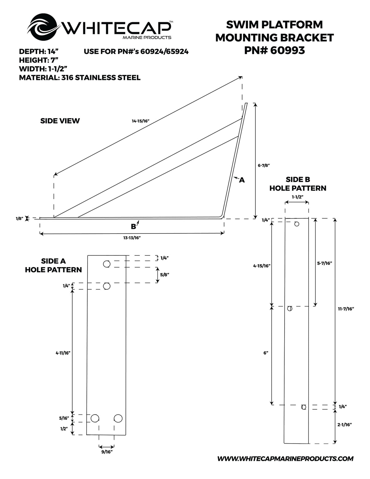 13" 316 Stainless Steel Swim Platform Mounting Bracket for 60924/65924