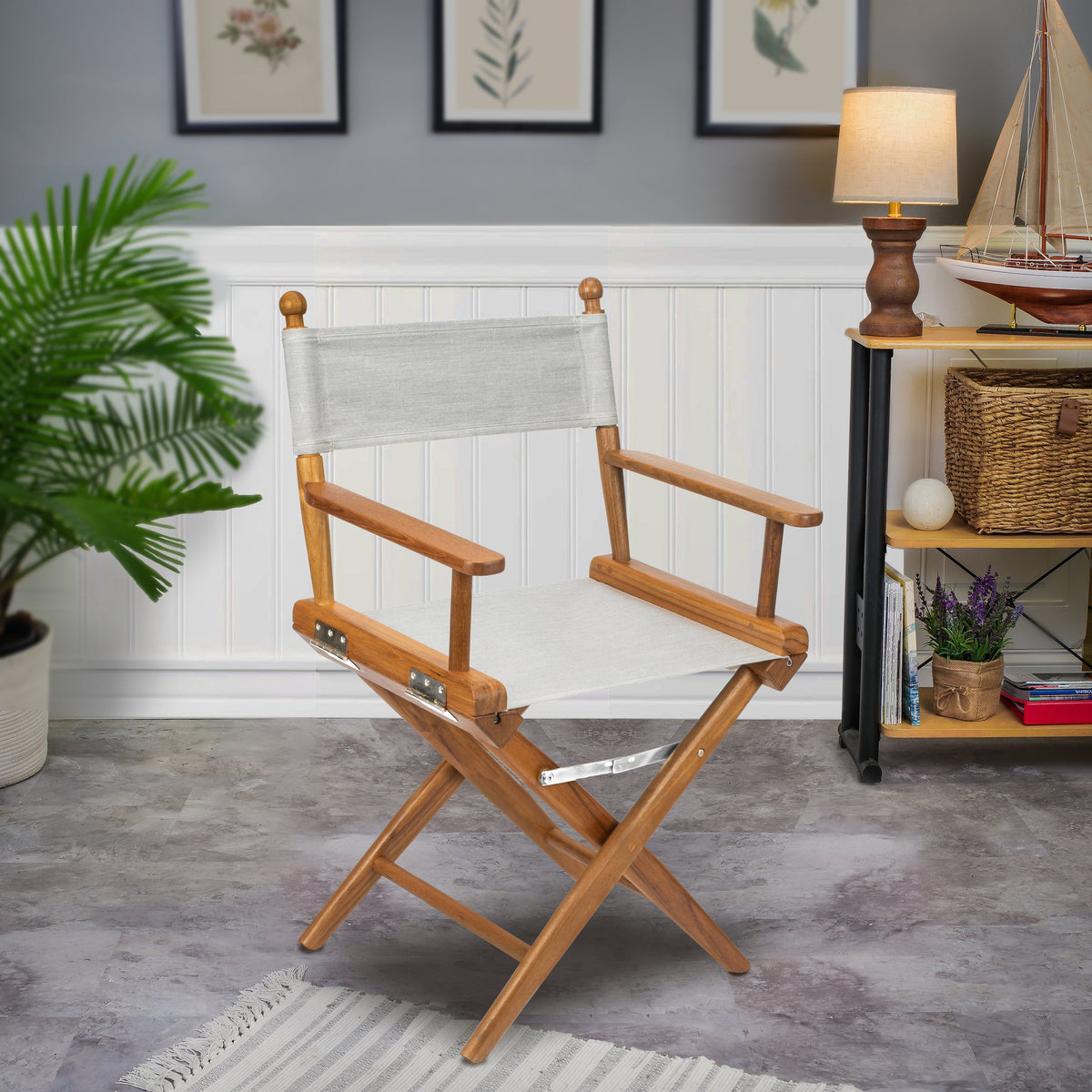 Premium Grade Teak Folding Newport Directors Chair with Grey Sunbrella Fabric Seat Slings