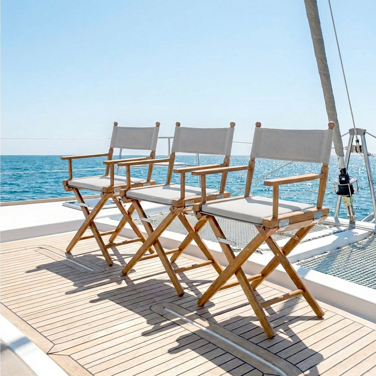 Premium Grade Teak Folding Newport Directors Chair with Grey Sunbrella Fabric Seat Slings