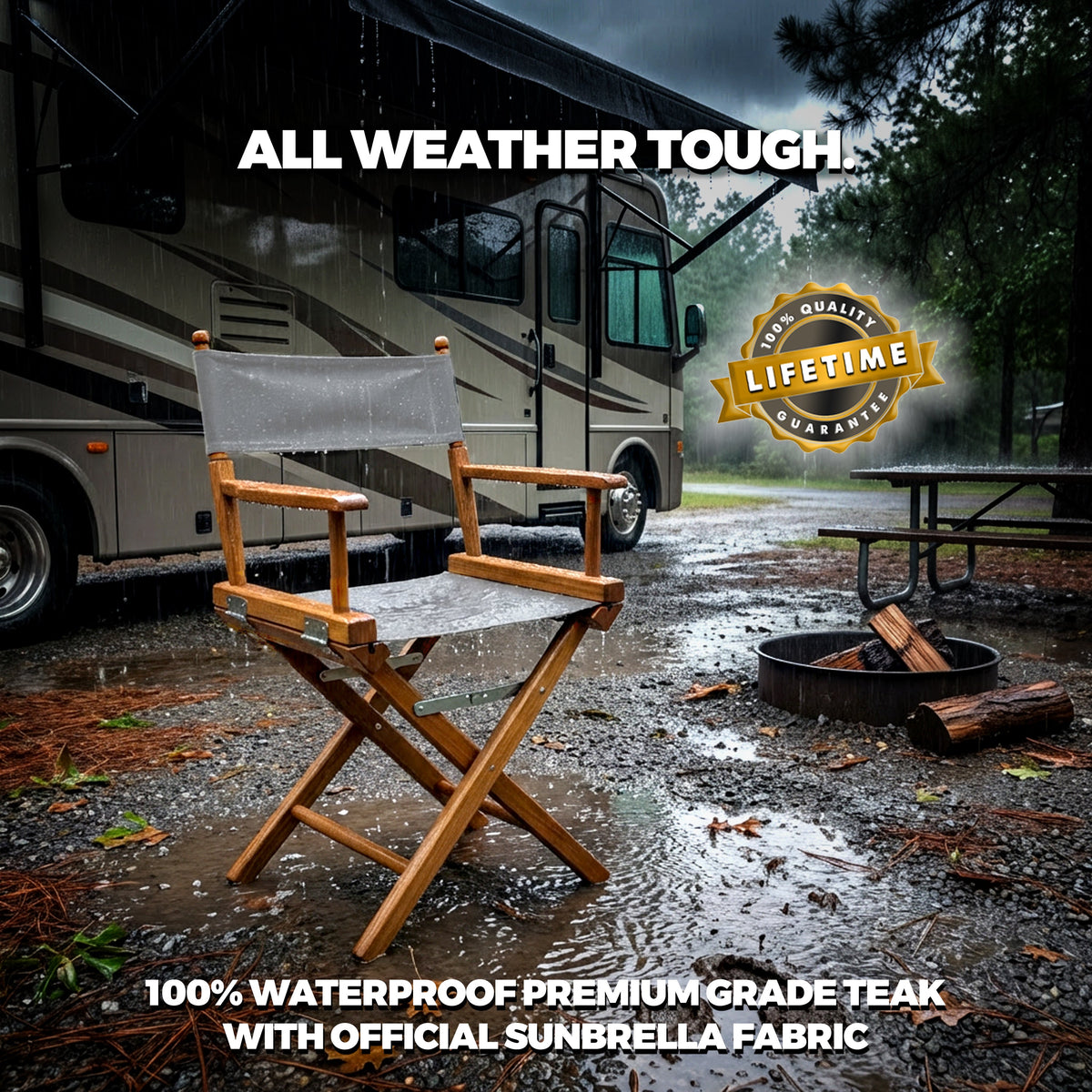 Premium Grade Teak Folding Newport Directors Chair with Grey Sunbrella Fabric Seat Slings