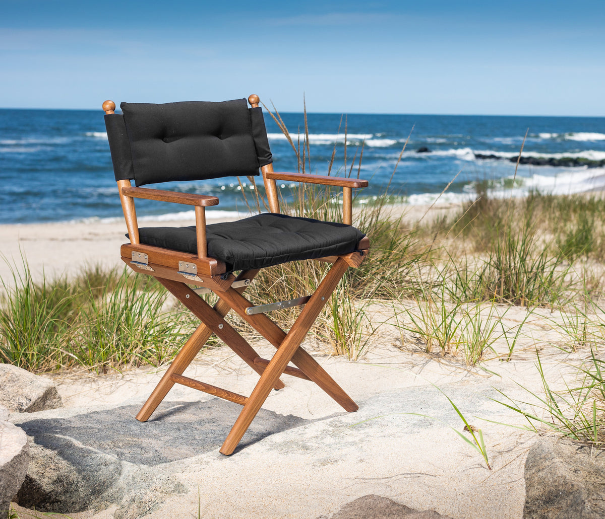 Premium Grade Teak Newport Folding Director's Chair with Black Sunbrella Fabric Seat Cushions