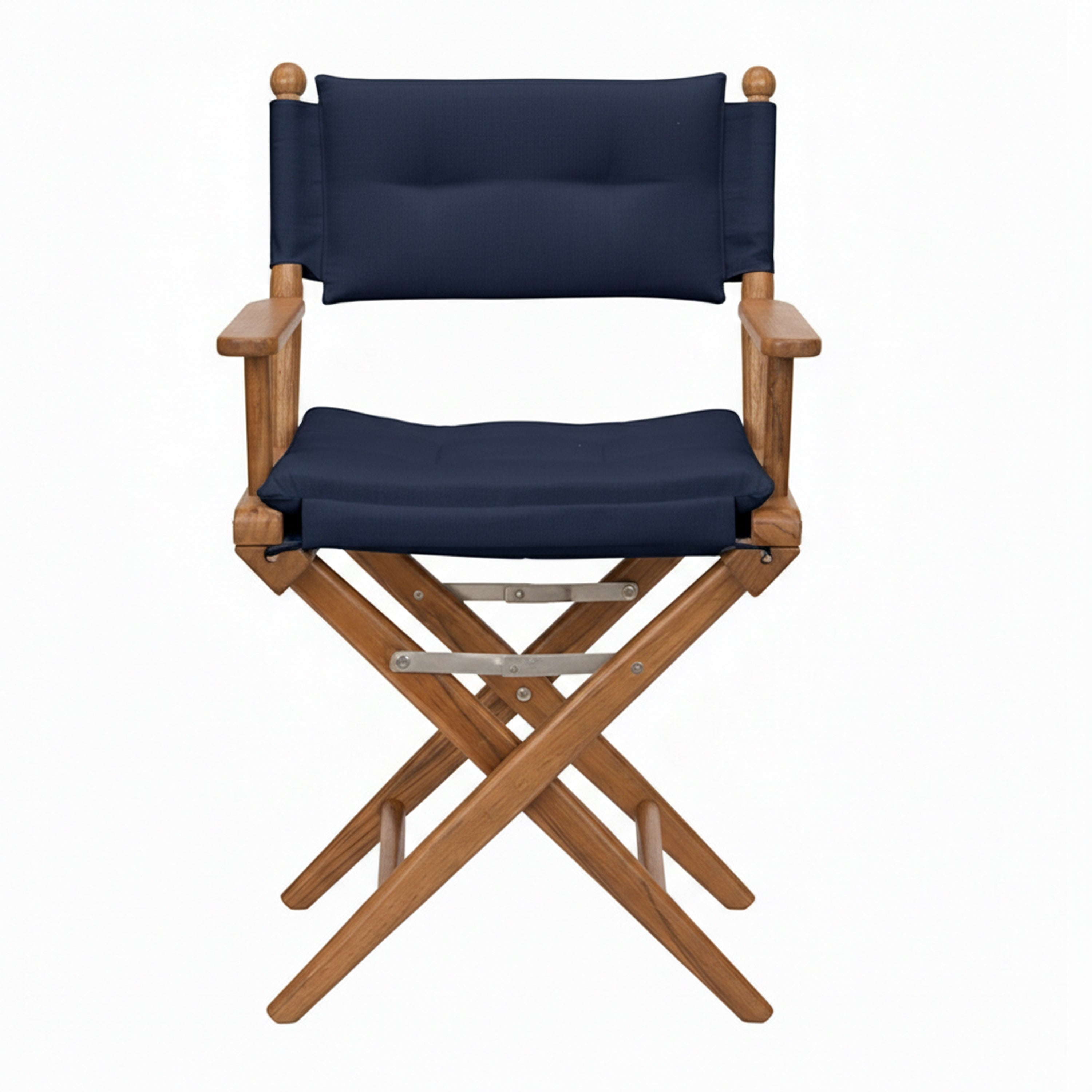 Premium Grade Teak Folding Director's Chair with Navy Sunbrella Fabric Seat Cushions