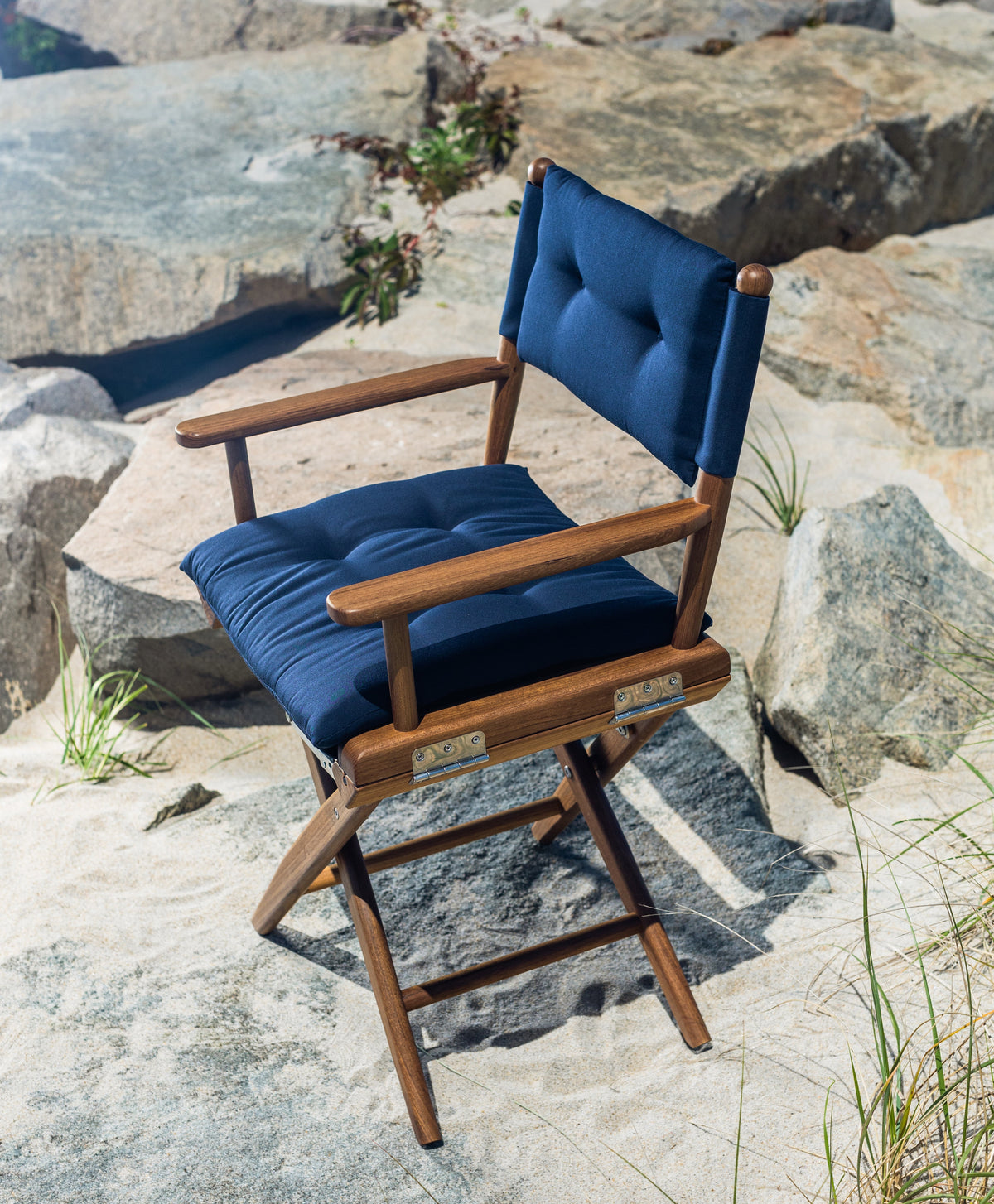 Premium Grade Teak Folding Director's Chair with Navy Sunbrella Fabric Seat Cushions