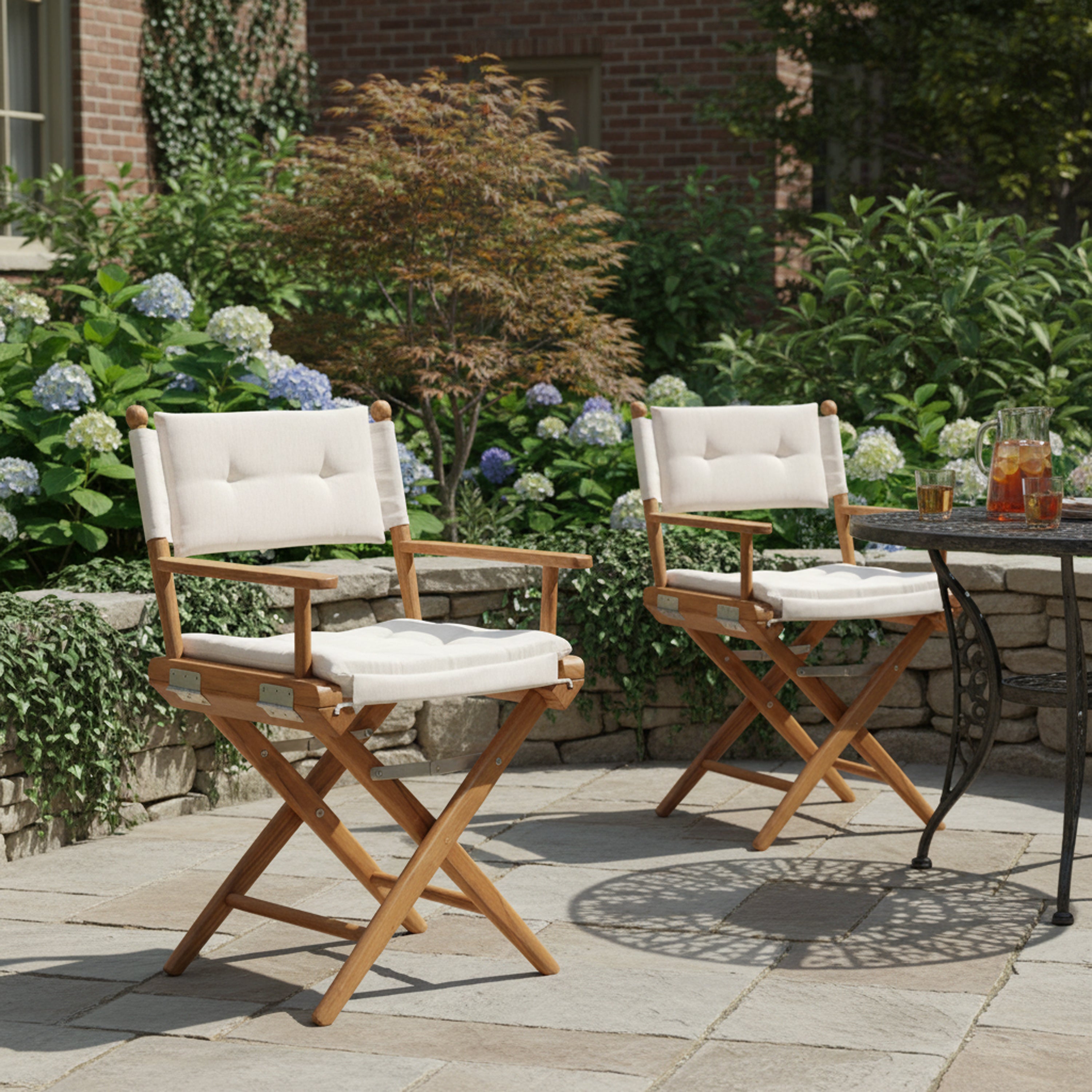 Premium Grade Teak Newport Folding Director's Chair with Oyster Sunbrella Fabric Seat Cushions