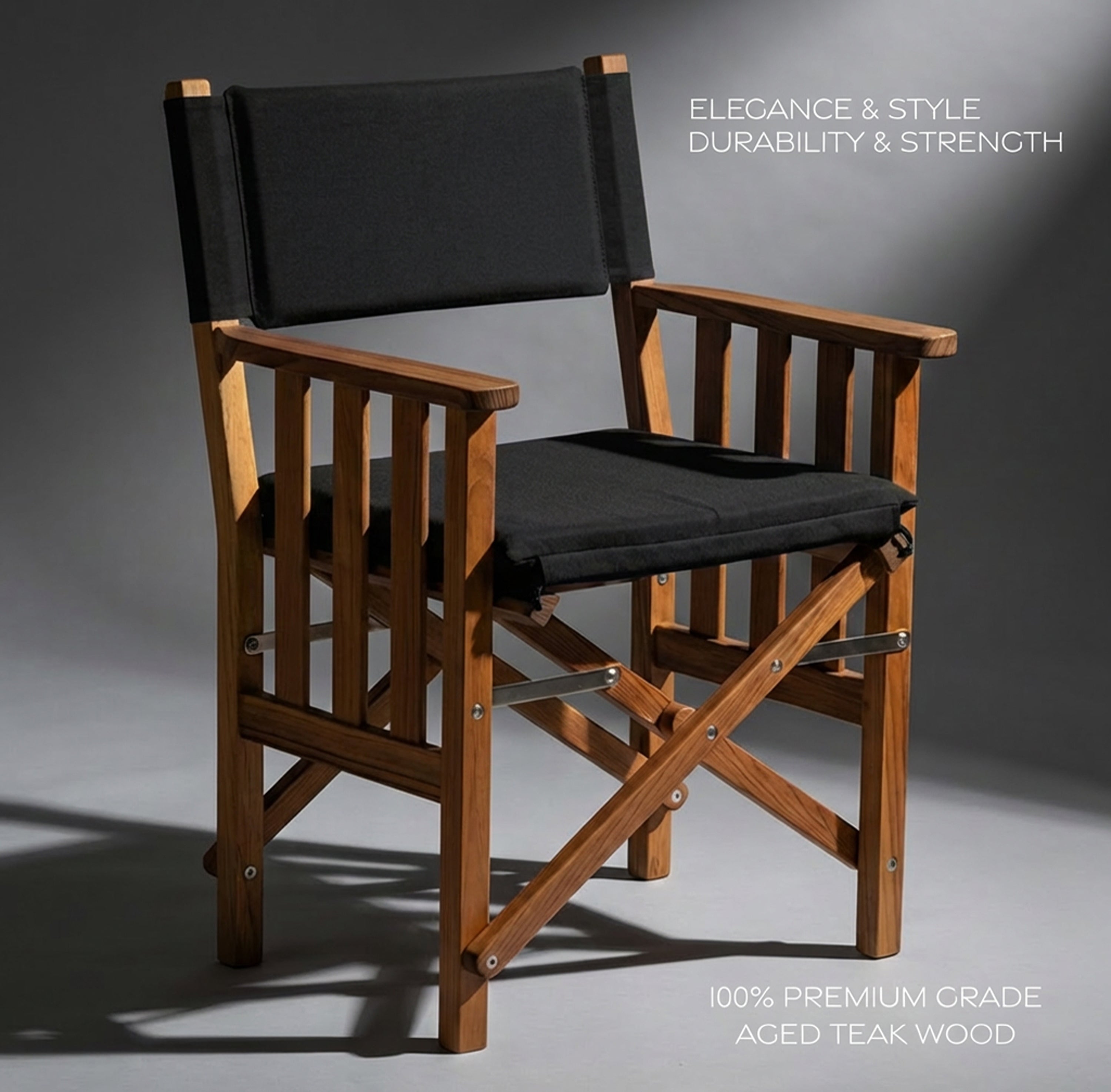 Premium Grade Teak Hemmingway Folding Director's Chair with Black Sunbrella Fabric Seat Cushions