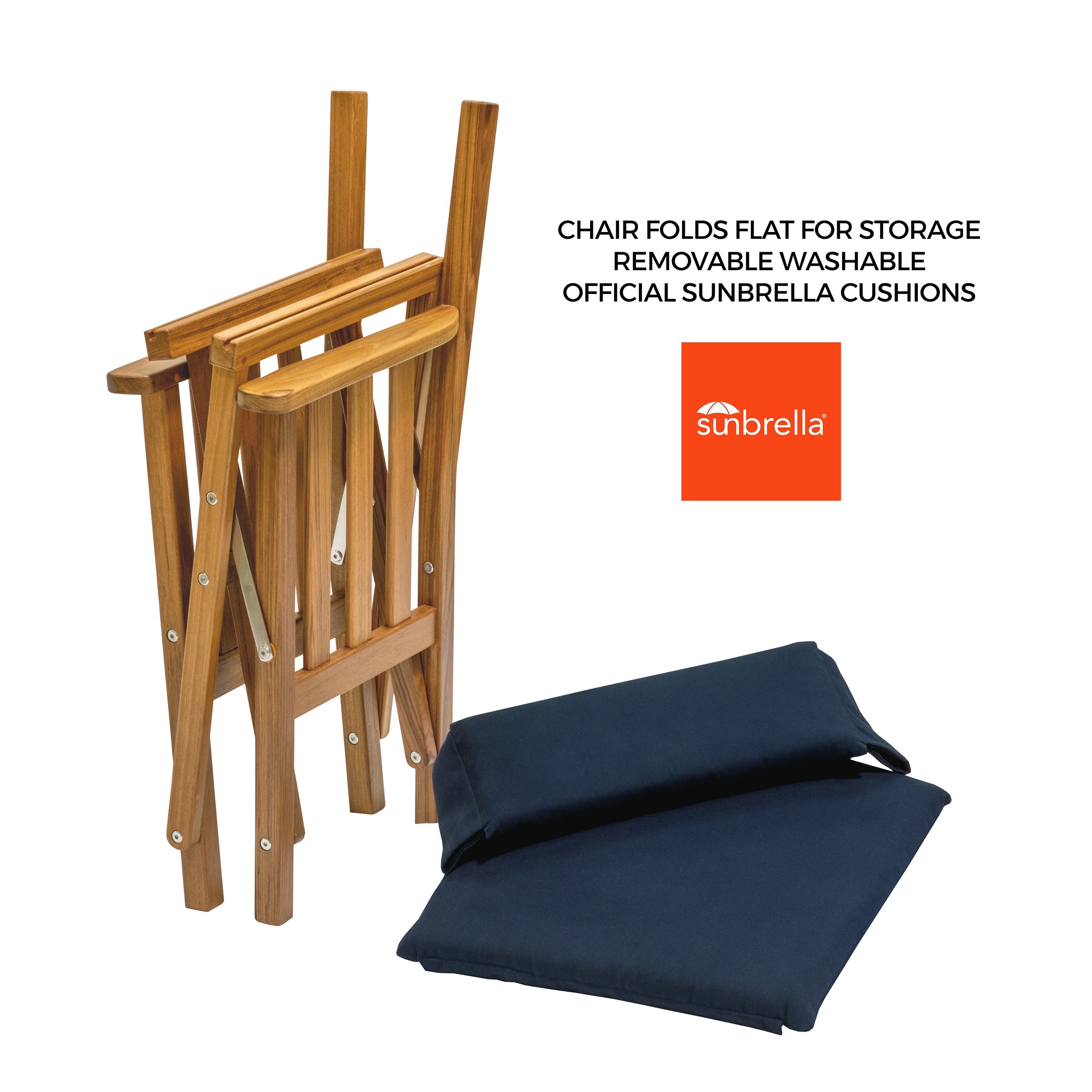 Premium Grade Teak Folding Hemmingway Director's Chair with Navy Sunbrella Fabric Seat Cushions