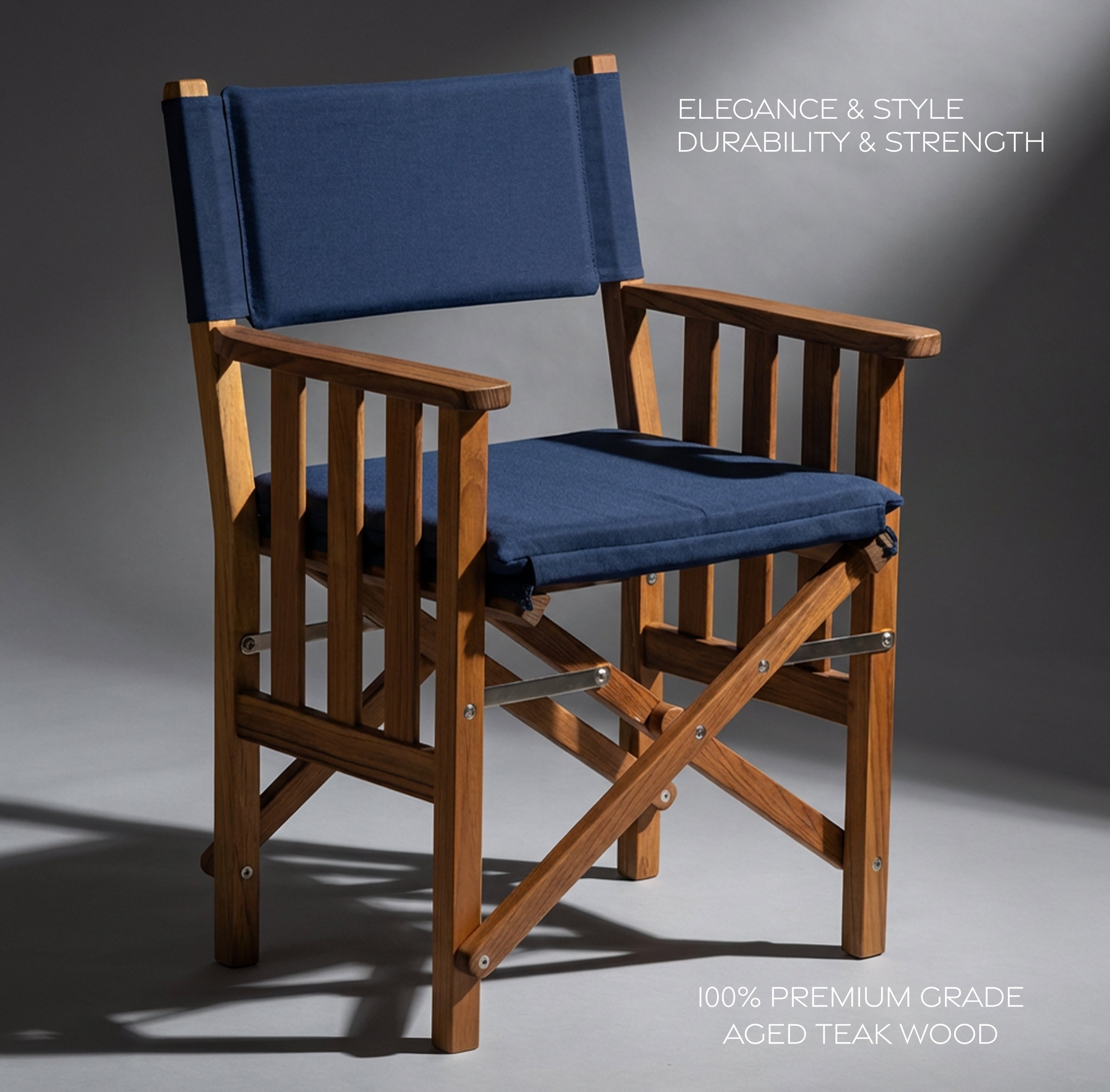 Premium Grade Teak Folding Hemmingway Director's Chair with Navy Sunbrella Fabric Seat Cushions