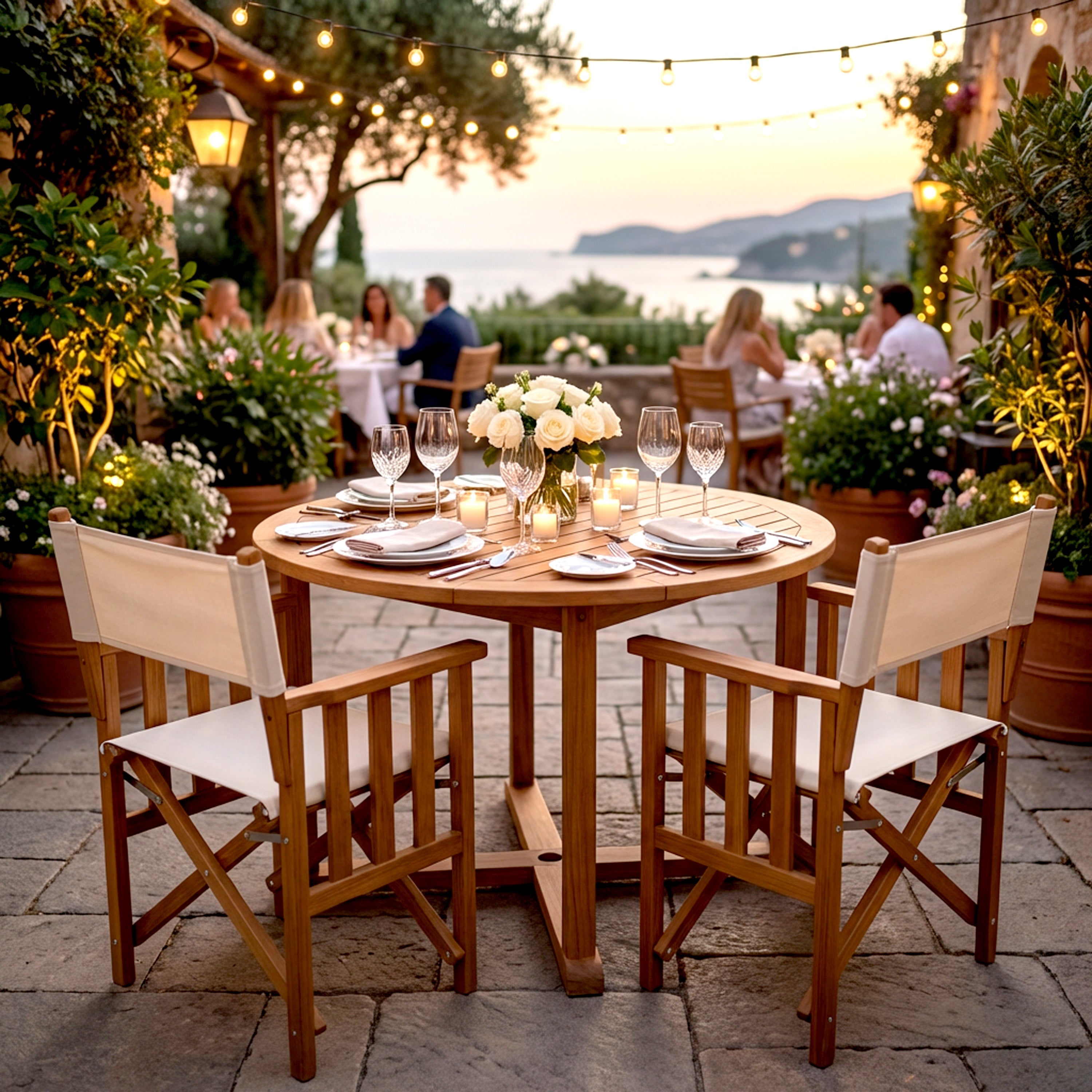Premium Grade Teak Folding Director's Chair II with Oyster Sunbrella Fabric Seat Cushions
