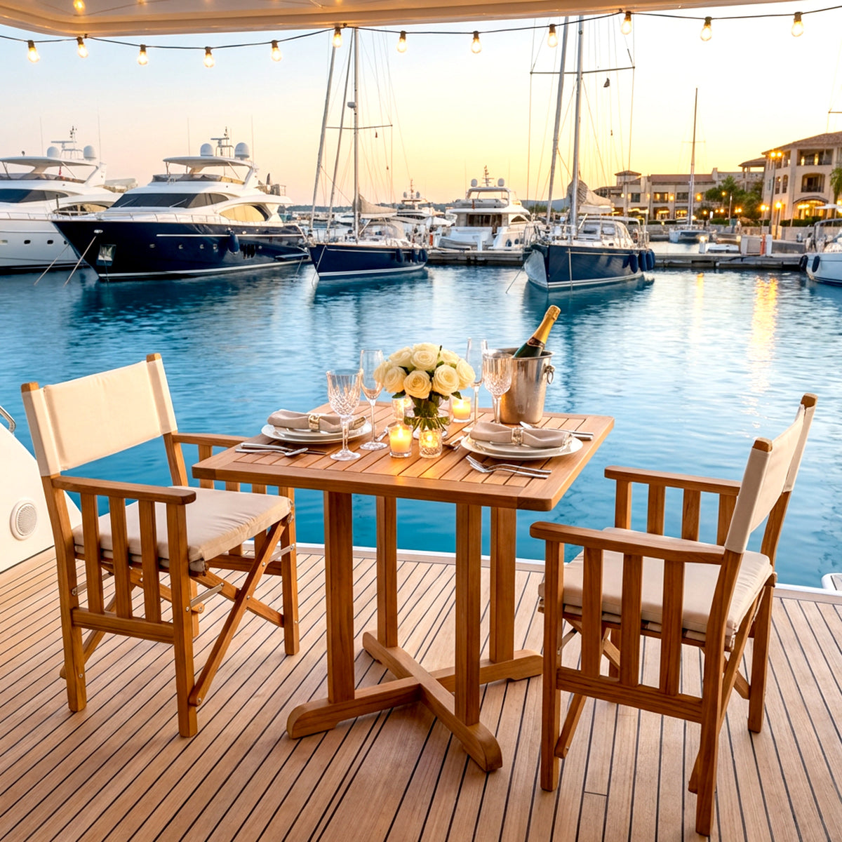 Premium Grade Teak Folding Director's Chair II with Oyster Sunbrella Fabric Seat Cushions