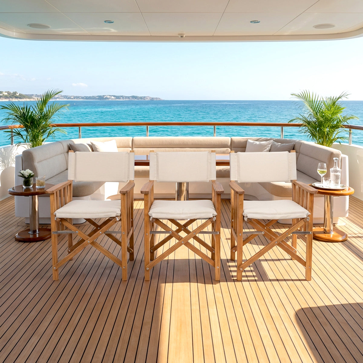 Premium Grade Teak Folding Director's Chair II with Oyster Sunbrella Fabric Seat Cushions