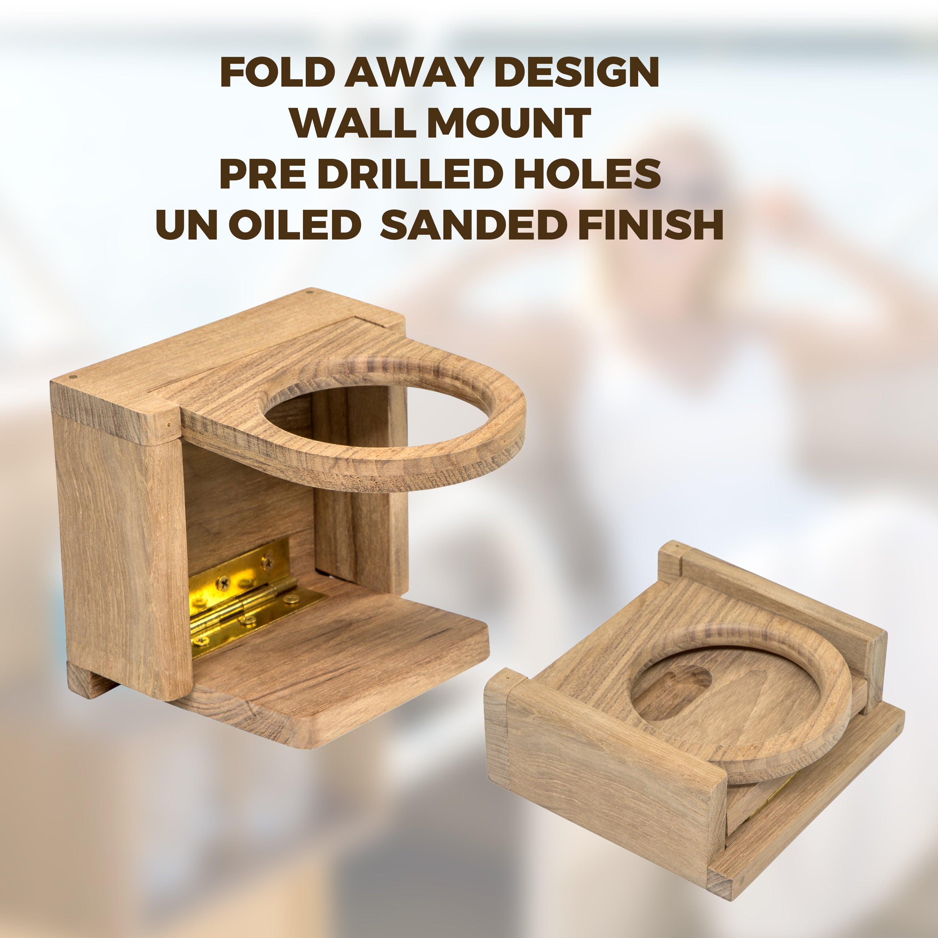 Teak Folding Drink Holder, Standard, 4-1/4"W x 5-1/4" H
