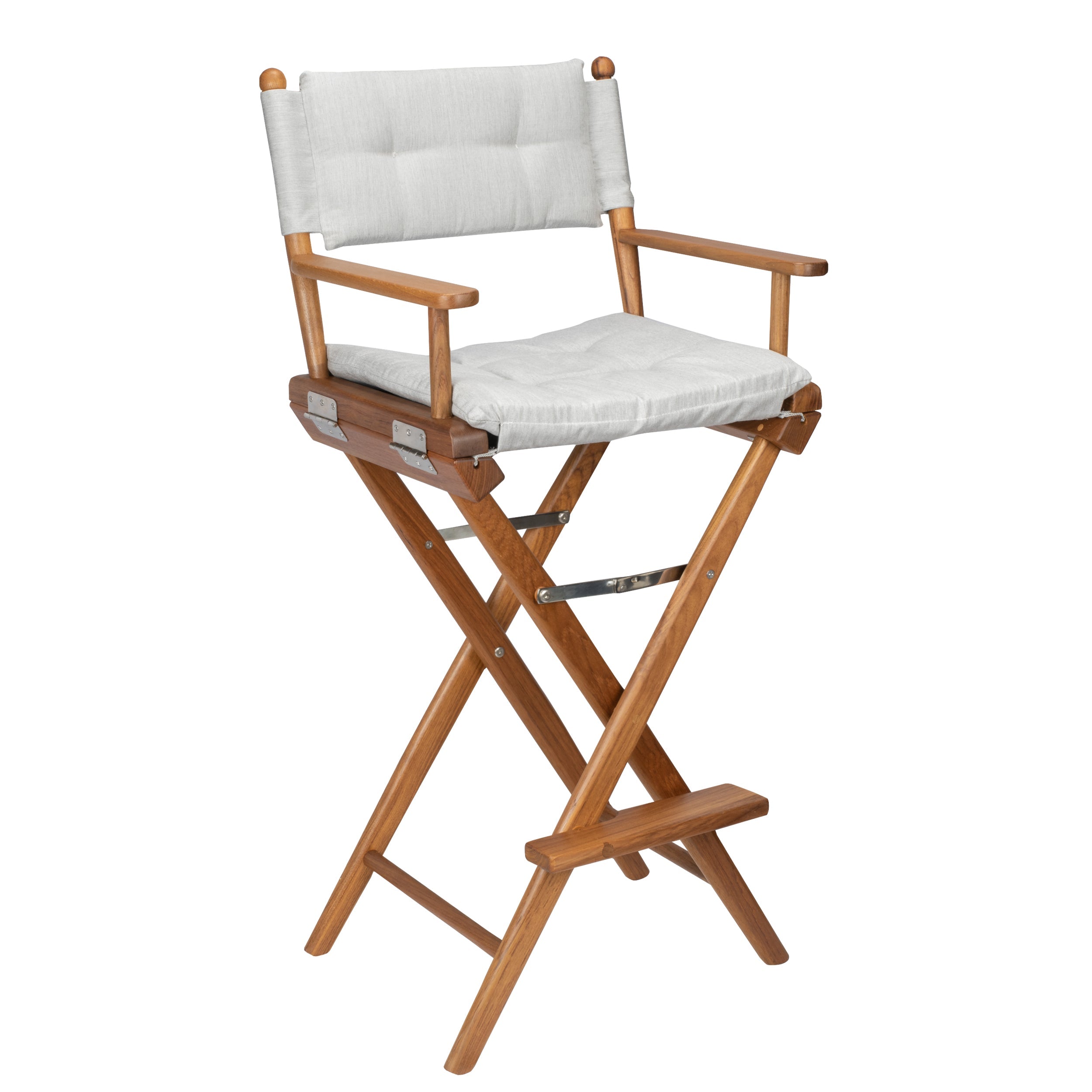 Premium Grade Teak Folding Captains Chair with Grey Sunbrella Seat Cushions