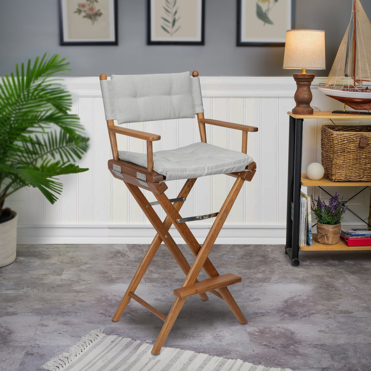 Premium Grade Teak Folding Captains Chair with Grey Sunbrella Seat Cushions