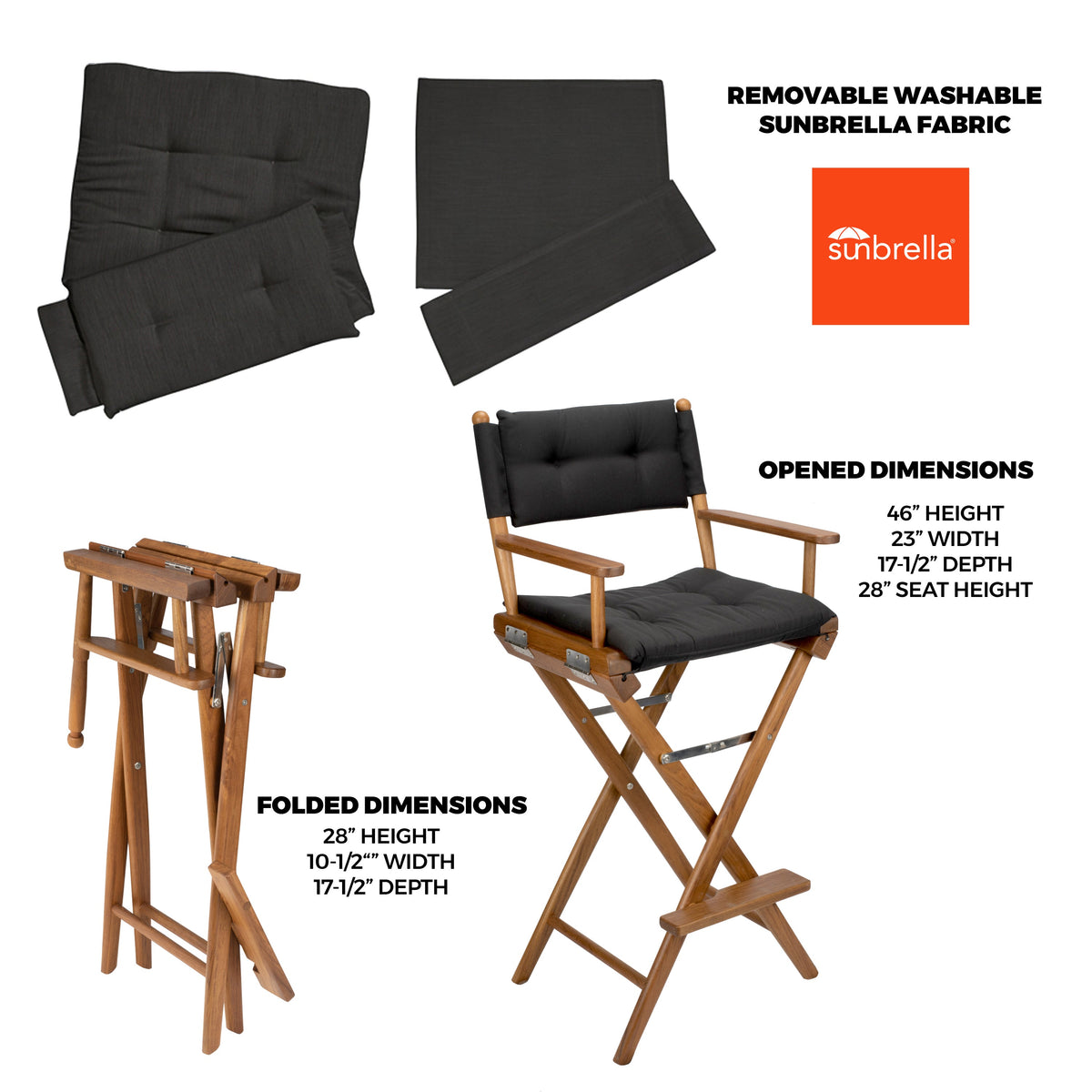 Premium Grade Teak Folding Captains Chair with Black Sunbrella Fabric Seat Slings