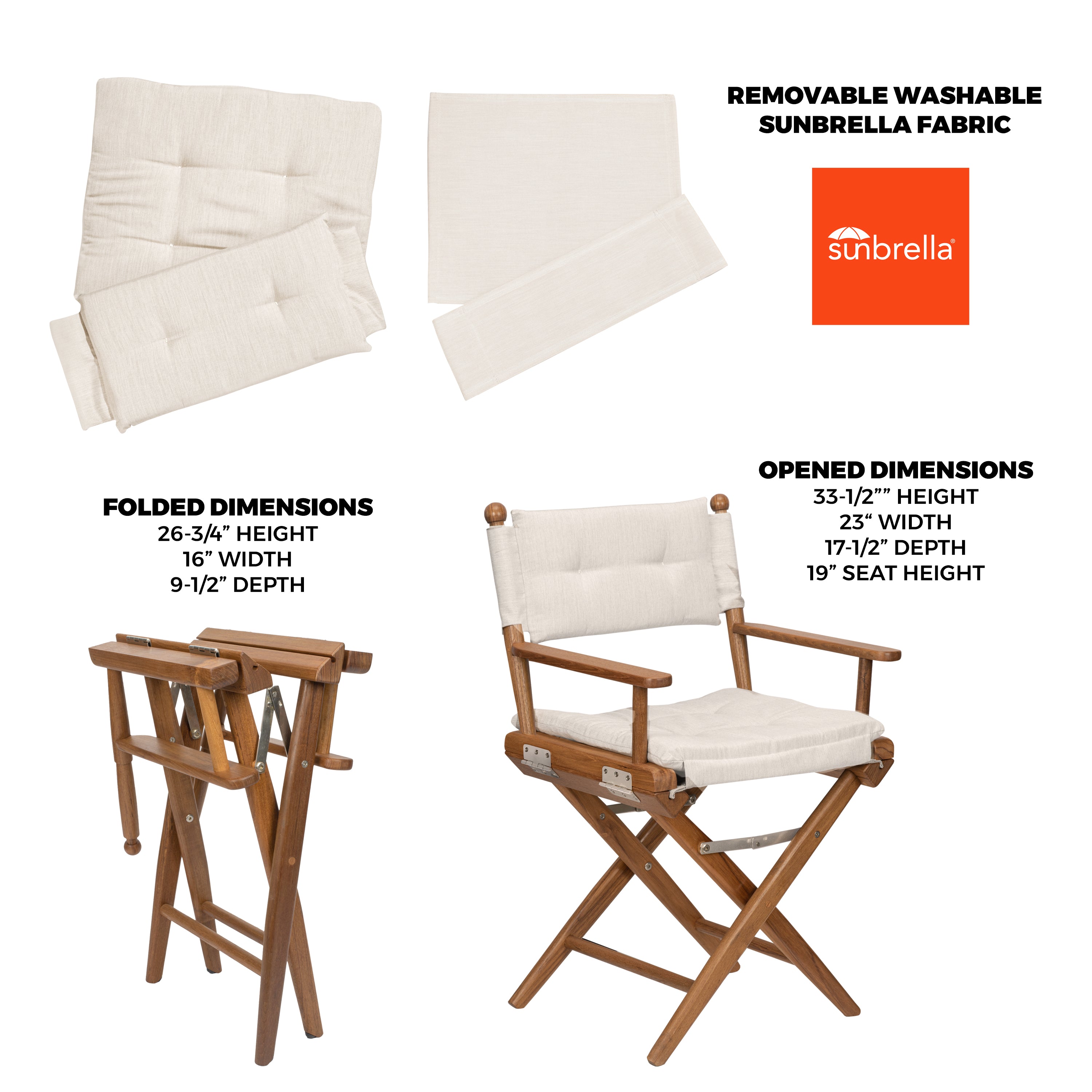 Premium Grade Teak Newport Folding Director's Chair with Oyster Sunbrella Fabric Seat Cushions