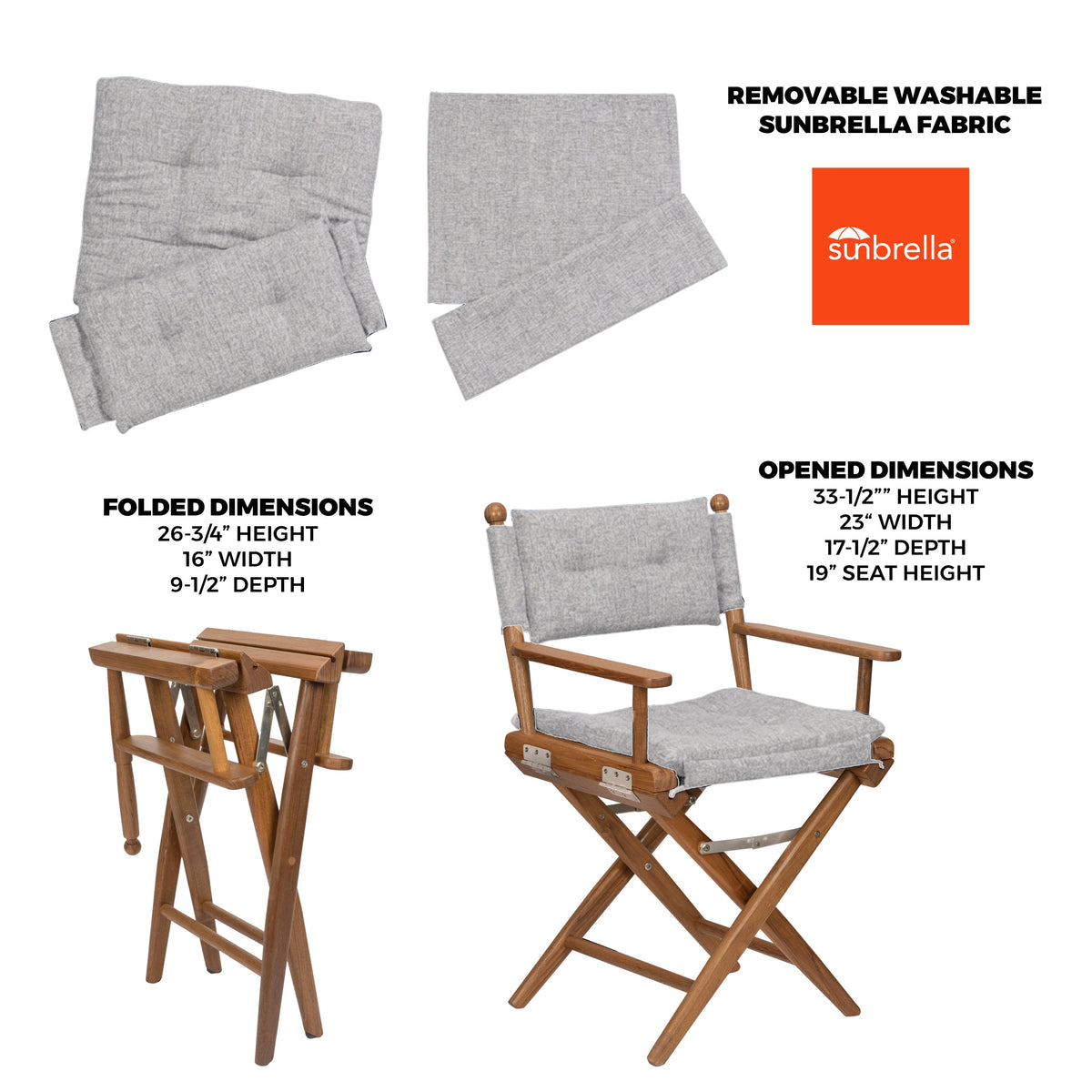 Premium Grade Teak Newport Folding Director's Chair with Graphite Sunbrella Fabric Seat Cushions
