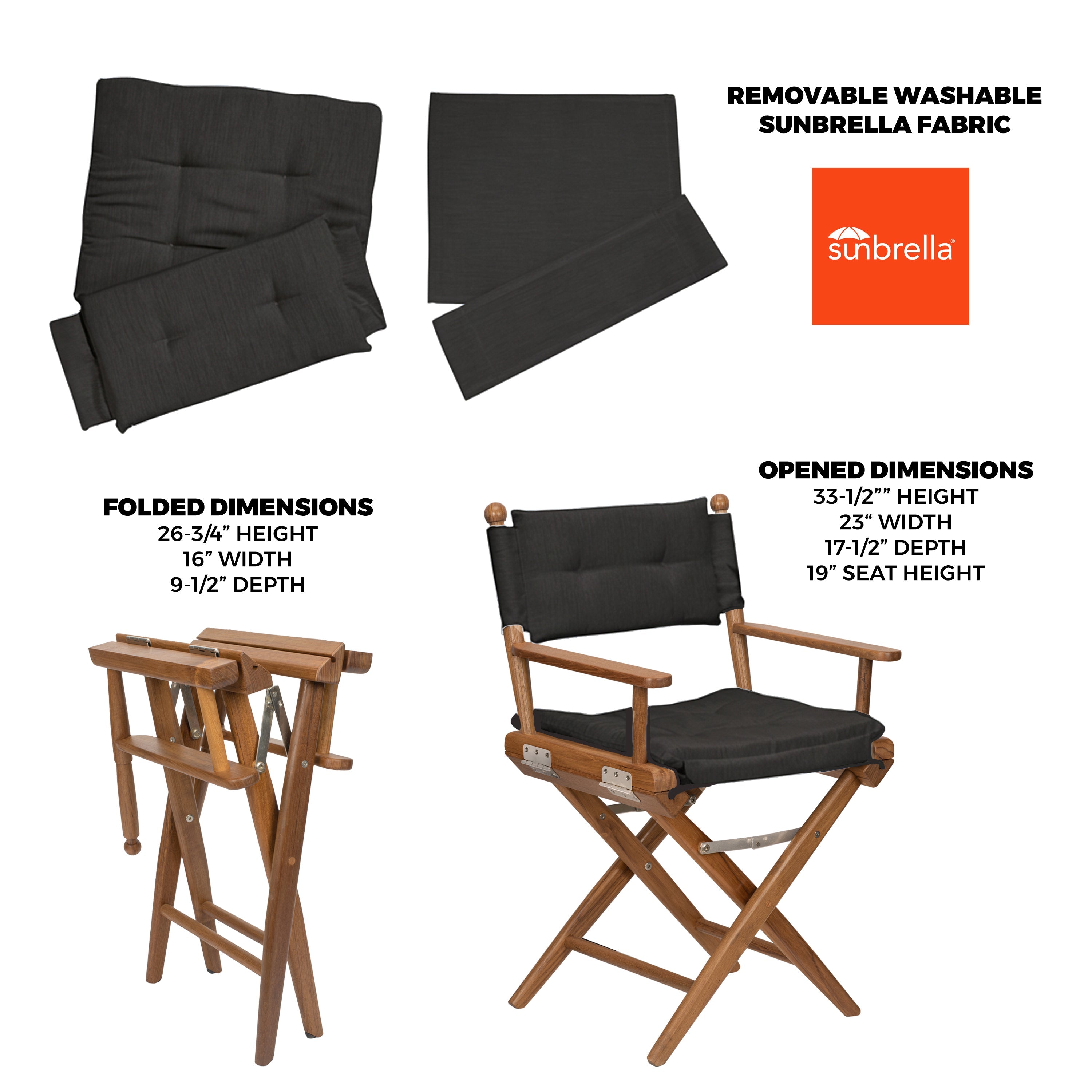 Premium Grade Teak Newport Folding Director's Chair with Black Sunbrella Fabric Seat Cushions