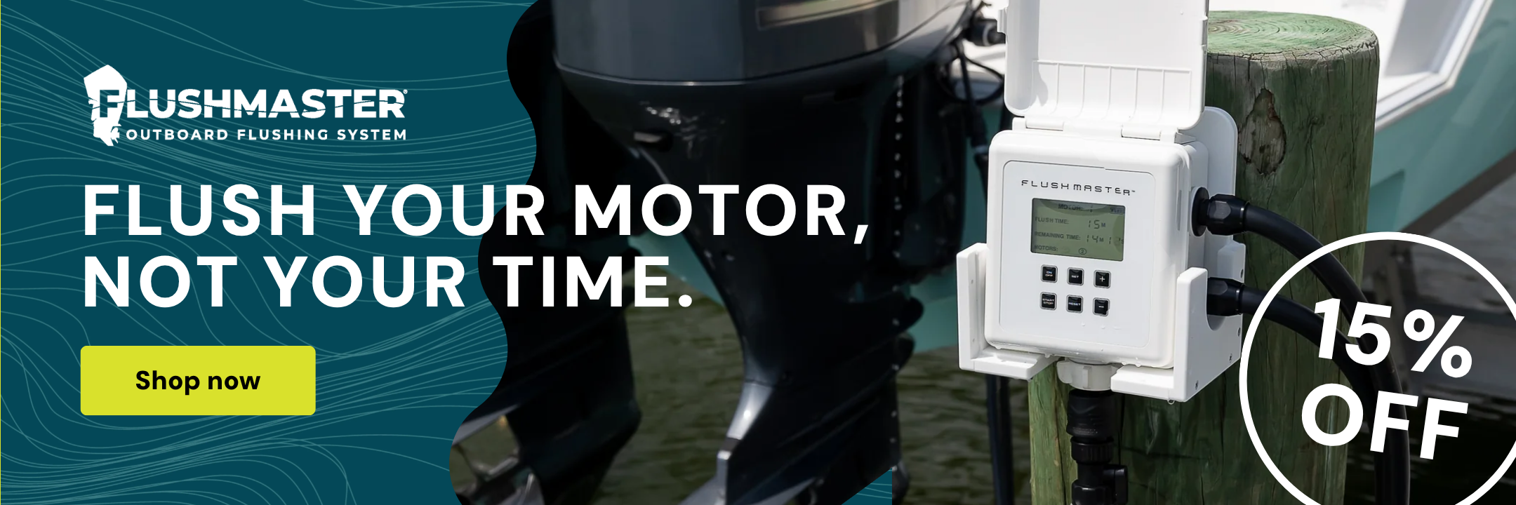 Flushmaster outboard flushing system with promotional text and discount offer.