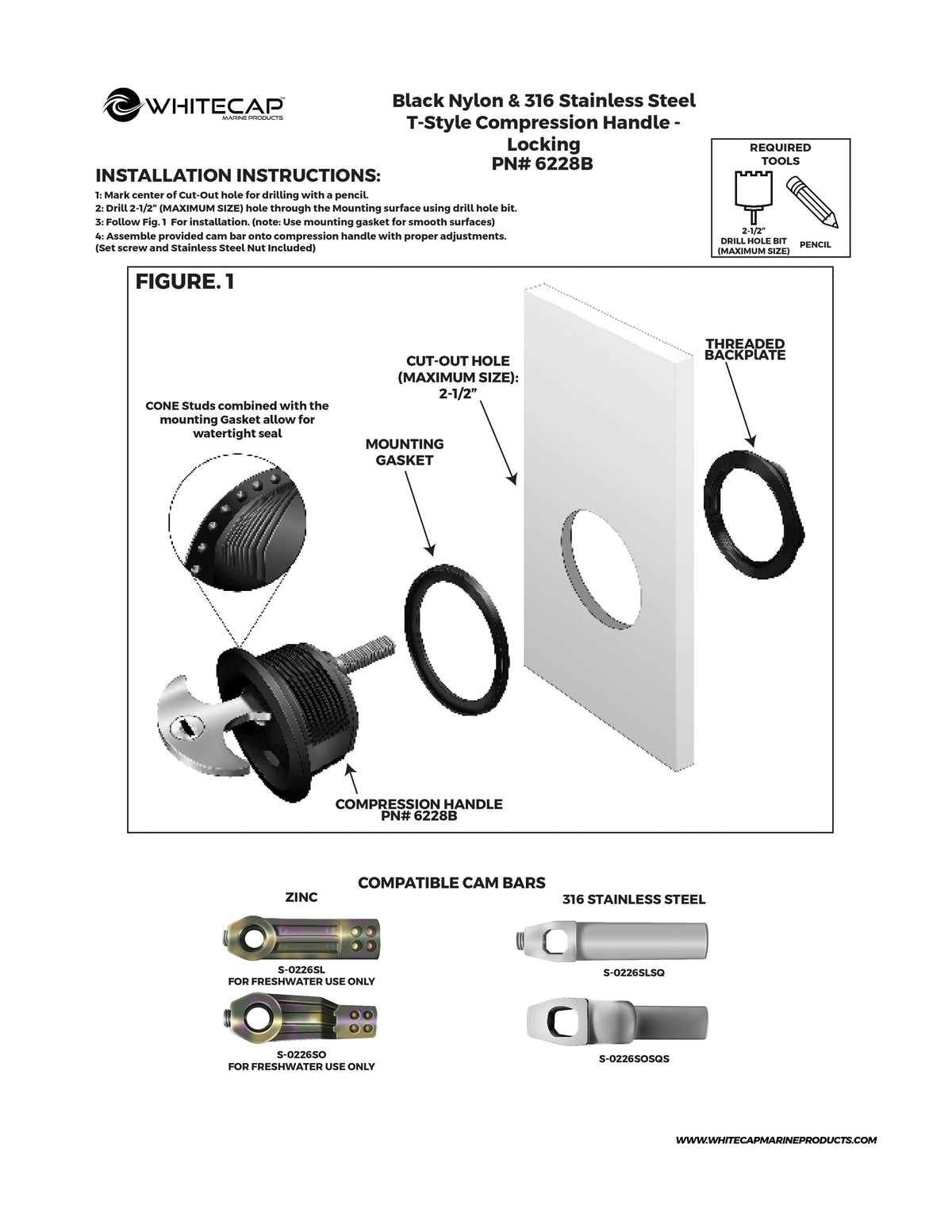 T-Handle Locking Latch, 3" Black Nylon/Chrome T-Handle, NO Cam Bar, S-9415B