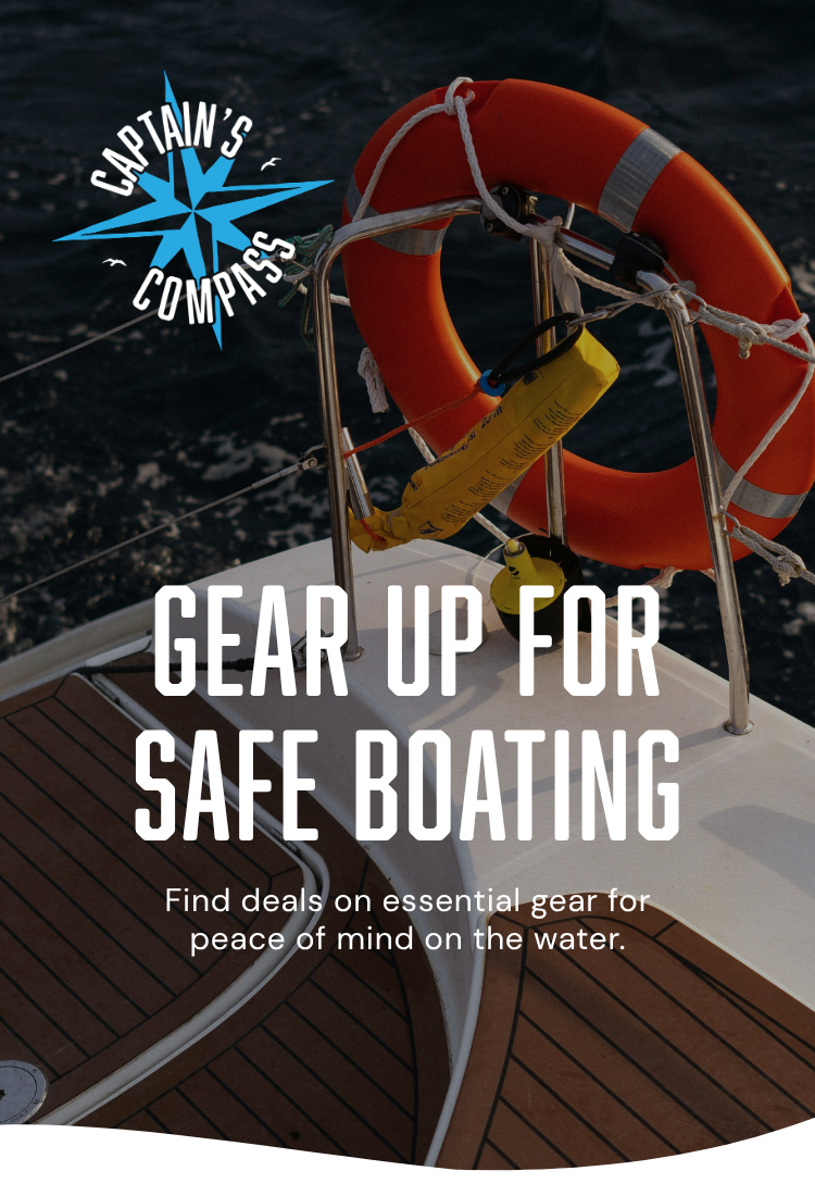 Life preserver on a boat with 'Captain's Compass' logo and text about safe boating gear.