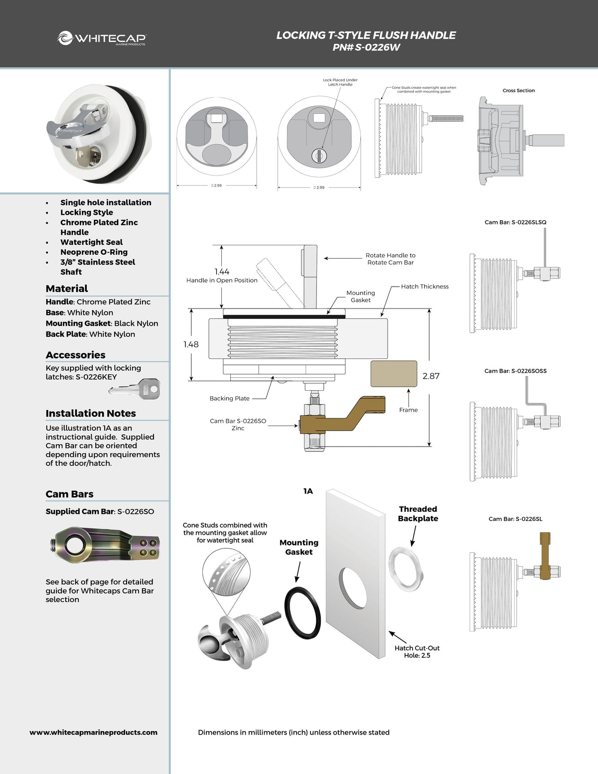 Locking Latch, White Body w/ Chrome Plated Zamac T-Handle