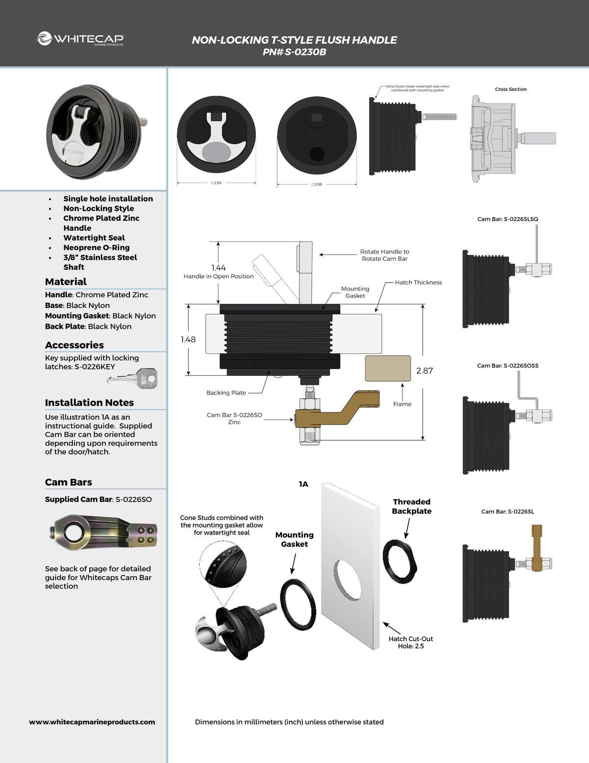 T-Handle Latch, Non-Locking, Black Nylon w/ Chrome T-Handle, NO Cam Bar