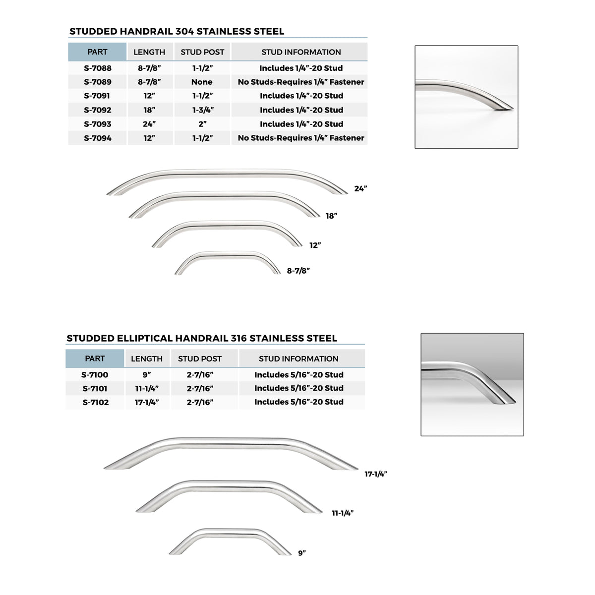Studded Hand Rails, Stainless Steel
