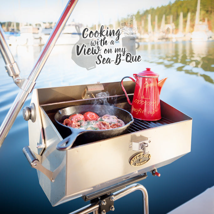 Portable grill on a boat with food and a red teapot, set against a marina background.