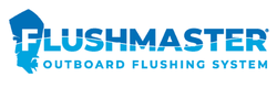 Flushmaster outboard flushing system logo with blue and white design.