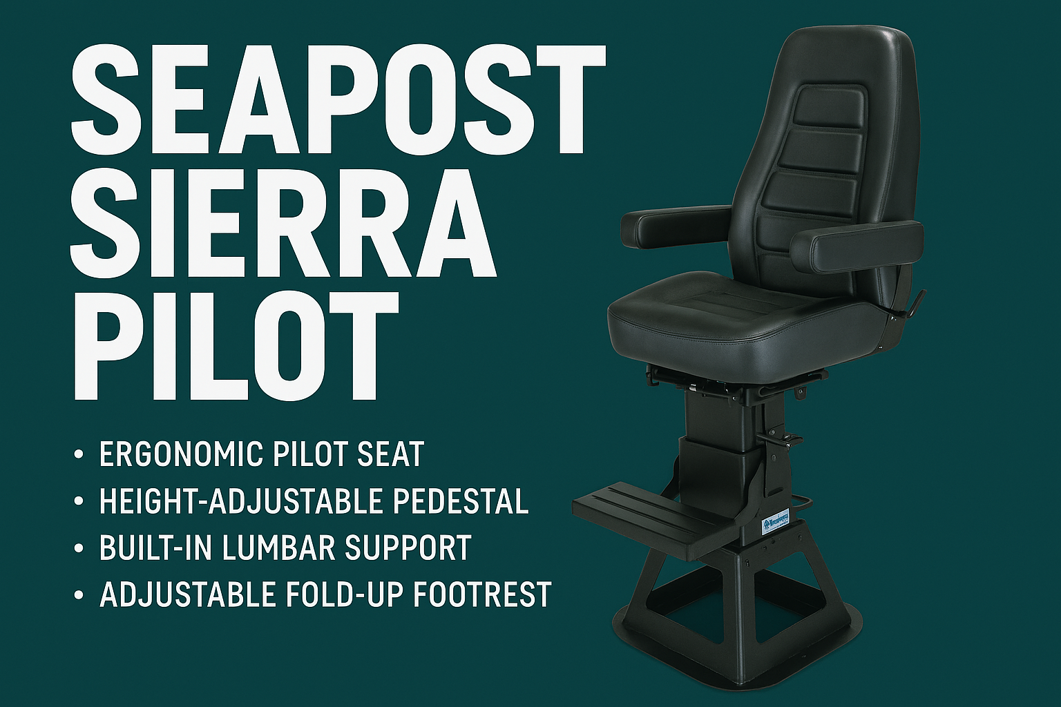 Seapost Pilot Seat HBLX, 7" Adjustable Slide, 28"-34" Adjustable Post w/ Base, Black Durawear