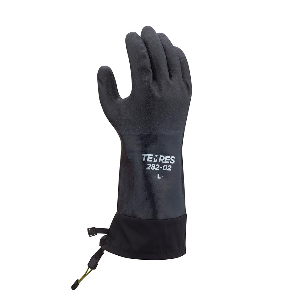 A product image of a black Showa Temres 282-02 glove. The glove is made of black textured rubber, with the model name printed in white on the back of the wrist, facing the camera. Below the wrist sits a polyester gauntlet with a cinch cord, for sealing the gloves at mid-forearm.